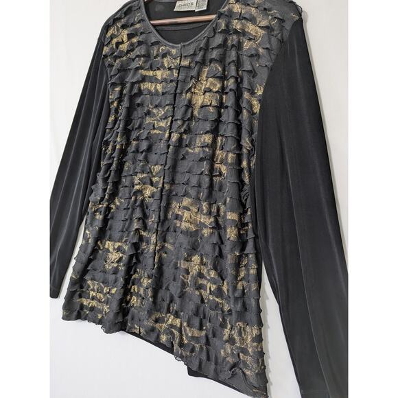 Chico's Cardigan Black Gold Metallic Slinky Ruffle Tiered Size 3 Long Sleeves - Picture 2 of 7